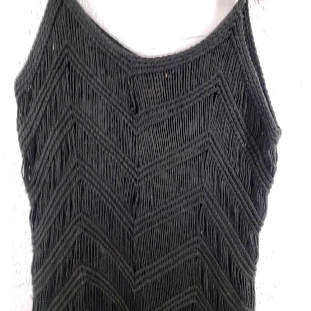 1st Class L/XL | Black Chevron Crochet Fringe Boho Festival Tank Top Women